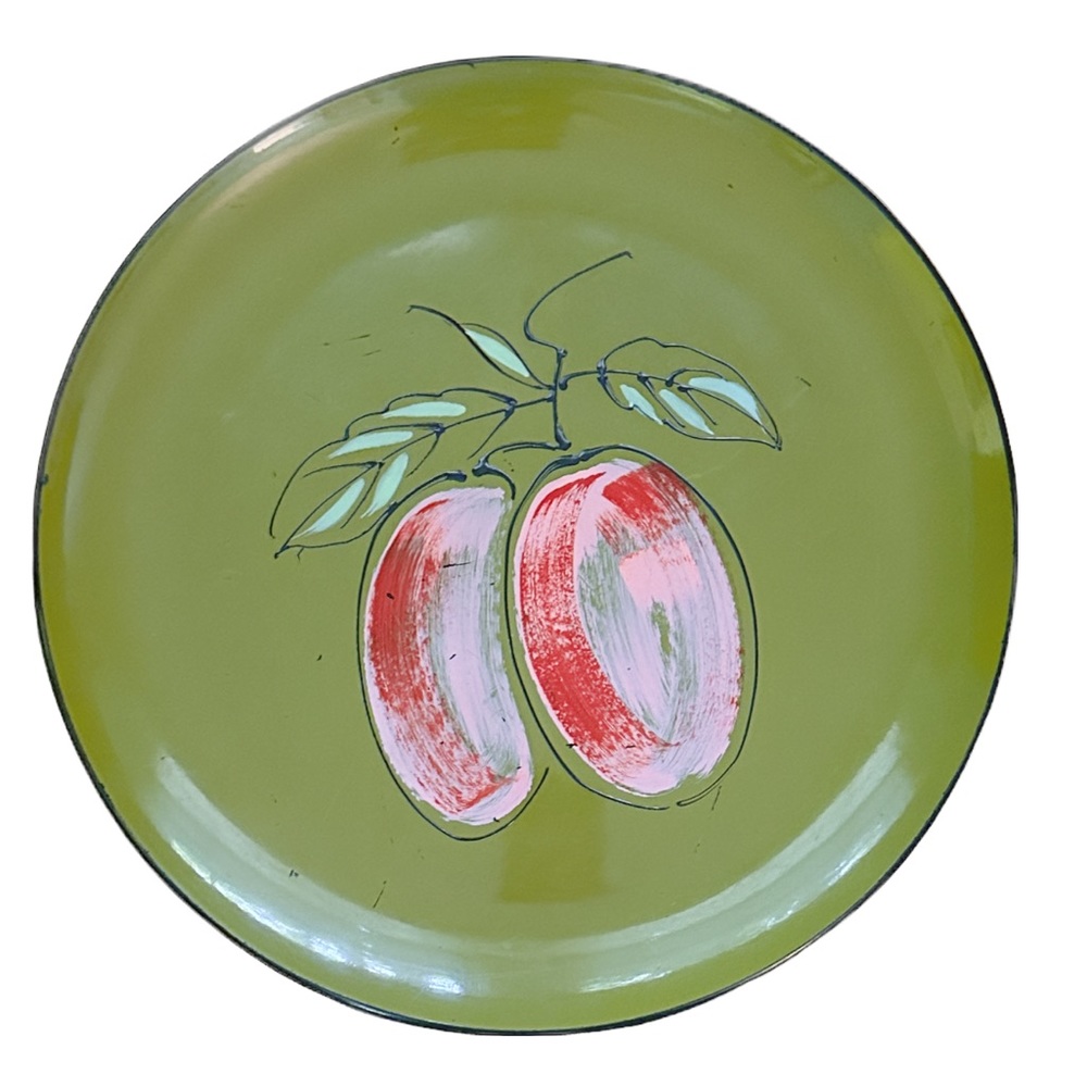 Vintage 1960s MCM Vibrant Plums & Avocado Green Circular Lacquerware Drinks Tray